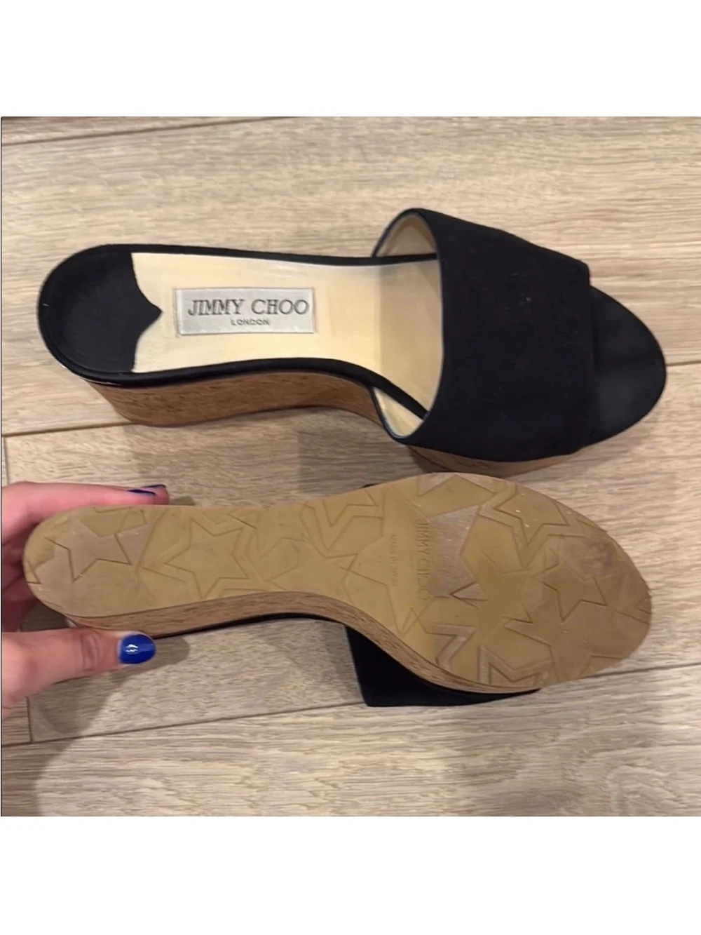 Jimmy Choo Black Suede Cork Platform Slide Sandals